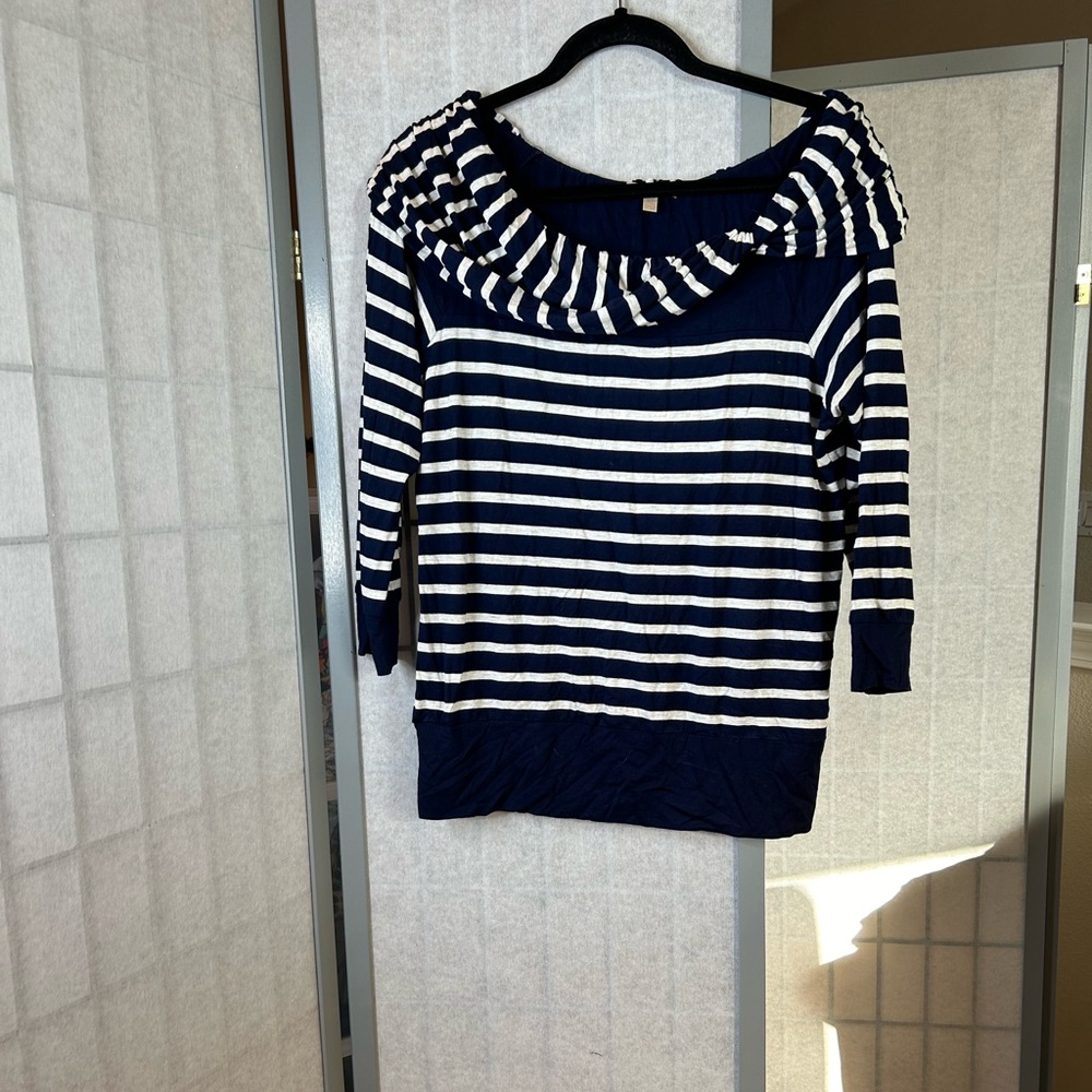 Anthropologie Bordeaux navy and white striped 3/4 sleeves top